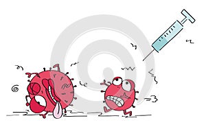 Scared corona viruses, one is terrified and running away, escaping from COVID 19 syringe vaccine, the second one is dead