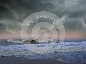 Scared cyclone with thunder storm over the sea