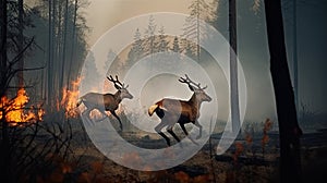 Scared deers family runs away from forest fire, largest wildfire in woods natural disaster