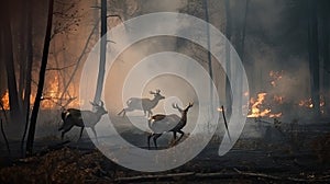 Scared deers family runs away from forest fire, largest wildfire in woods natural disaster