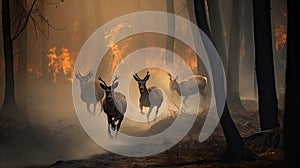 Scared deers family runs away from forest fire, largest wildfire in woods natural disaster