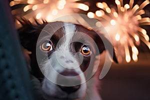 Scared dog with fireworks. Generative AI