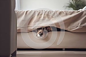 Scared dog hiding inside sofa. Generative AI