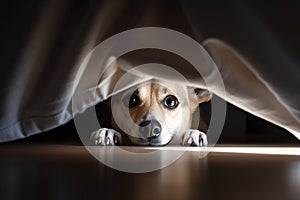 Scared dog hiding under bed.