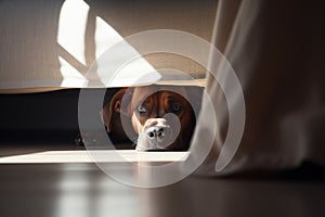 Scared dog hiding under bed. Generative AI