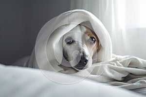 Scared dog hiding under blanket.