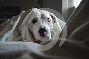 Scared dog hiding under blanket.