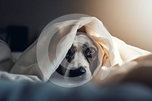 Scared dog hiding under blanket.