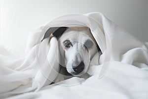 Scared dog hiding under blanket.