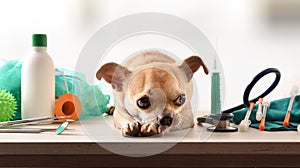 Scared dog lying on table of a veterinarian at a medical visit