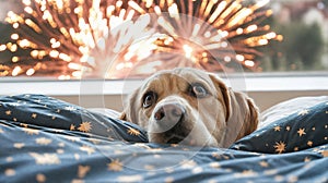 Scared dog peeking out from under a blanket