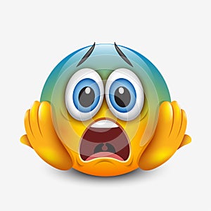 Scared emoticon holding head, emoji, smiley - vector illustration