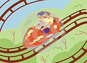 Scared and excited people riding roller coaster, flat vector illustration.