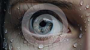 Scared Eyes: Hyperrealistic Rendering Of A Man\'s Beautiful Eye With Rain Drops