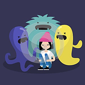 Scared female character surrounded by ugly monsters / flat editable vector illustration, clip art