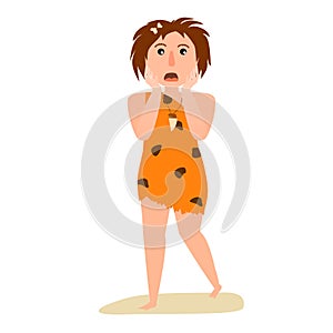 Scared frighten prehistoric women running.  Primitive Early Man in animal fur. Cartoon vector illustration