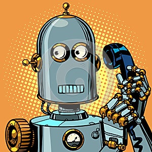 Scared funny robot talking on a retro phone