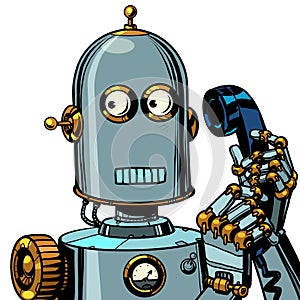 Scared funny robot talking on a retro phone. isolate on white background