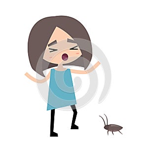 Scared girl and a cockroach