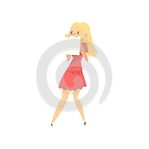 Scared girl hiding behind a sheet of paper, emotional young woman afraid of something vector Illustration on a white