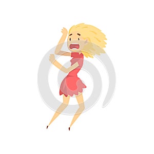 Scared girl standing and screaming desperately, emotional young woman afraid of something vector Illustration on a white