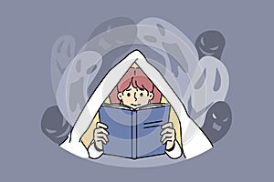 Scared girl terrified reading scary book