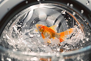 Scared golden fish inside washing machine drum