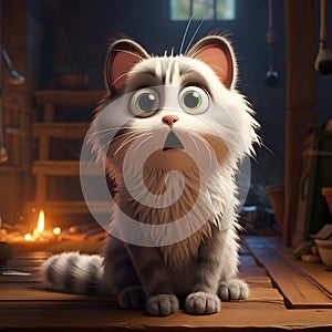 Scared Gray and White Cartoon Cat