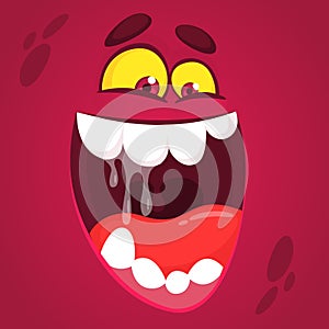 Scared happy cartoon monster face. Vector Halloween pink monster with wide mouth.