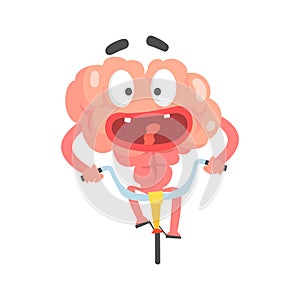 Scared humanized cartoon brain character riding on a bicycle, intellect human organ vector Illustration