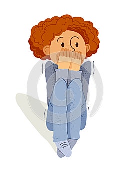 Scared kid boy feeling uncomfortable vector illustration, children phobia paranoia anxiety or other psychical and psychological