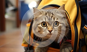 Scared kitten in backpack traveling with an owner, close up.