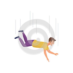 Scared man flying in air, unhappy male character falling down due stumbling, slipping accident photo
