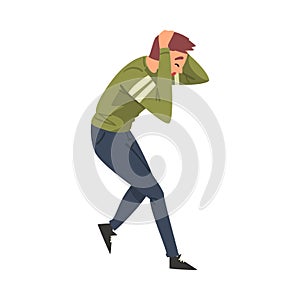 Scared Man Holding His Head with Hands, Terrified, Shocked Guy Character Cartoon Style Vector Illustration