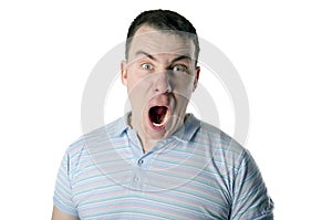 Scared man shouting isolated on white