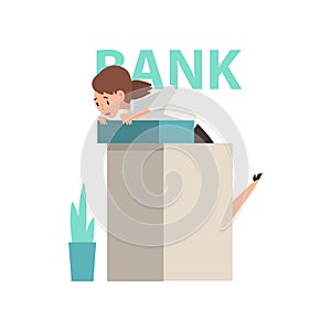 Scared Manager Standing at Reception Desk at Bank Office, Bank Robbery Vector Illustration