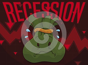 Scared Money Bag due Upcoming Economic Recession, Vector Illustration