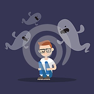 Scared nerd surrounded by ghosts / flat editable illustration