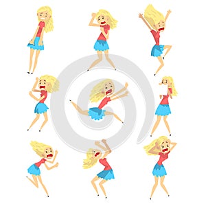 Scared and panicked blonde girl set, emotional young woman afraid of something vector Illustration on a white background