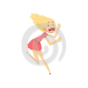 Scared and panicked girl running, emotional young woman afraid of something vector Illustration on a white background