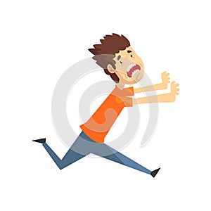 Scared and panicked young man running and shouting, emotional guy afraid of something vector Illustration on a white