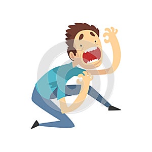 Scared and panicked young man screaming desperately, emotional guy afraid of something vector Illustration on a white photo