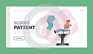 Scared Patient Landing Page Template. Little Boy Character Feel Fear Of The Injection and Crying At The Dentist Cabinet