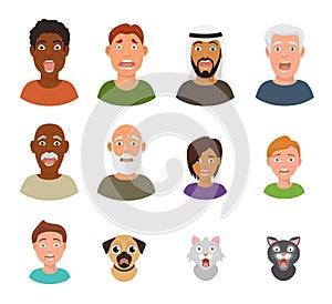 Scared people face vector frightened characters scary in panic and afraid nervous man, boy, cat and dog animals facial