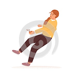 Scared person with coffee cup stumbling and falling down. Accident fall of frightened woman. Concept of failure or fear