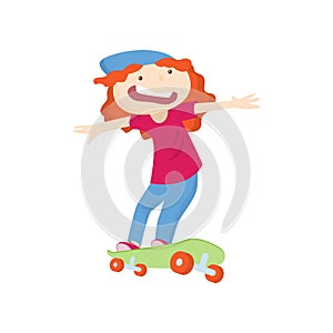 Scared red-haired screaming girl rides fast on skateboard trying to catch balance isolated on white