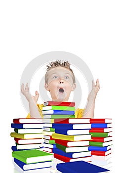 Scared schoolboy from school with books