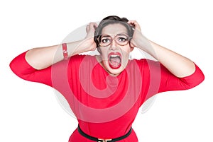 Scared screaming beautiful plus size woman in red dress isolated