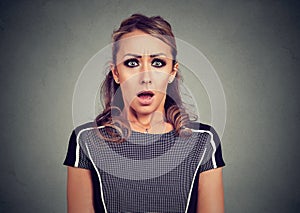 Scared shocked young woman isolated on gray background