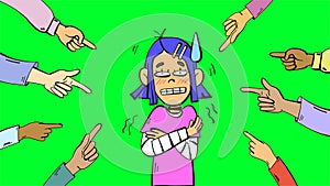 Scared stressed teenage girl. Concept of mockery and bullying at school. Doodle cartoon colorful illustration isolated on green